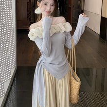画像をギャラリービューアに読み込む, 韓国風オフショルダー長袖Tシャツアシンメトリーストラップ花柄夏 レディースかわいい おしゃれ トップス
