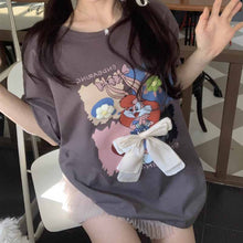 画像をギャラリービューアに読み込む, 半袖プリント Tシャツ立体弓半袖 Tシャツルーズ新しいカジュアルトップスイントレンディなラウンドネック漫画プリントトップス
