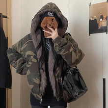 画像をギャラリービューアに読み込む, アウター レディース コート 帽子 フーディ ファー もこもこ 迷彩 ミリタリー パーカー 長袖 トップス 大きいサイズ あったたか 防寒 厚手 春 秋 冬 ガールズ ストリート系 カジュアル かわいい 秋冬新作 原宿系スタイル ファッション 韓国
