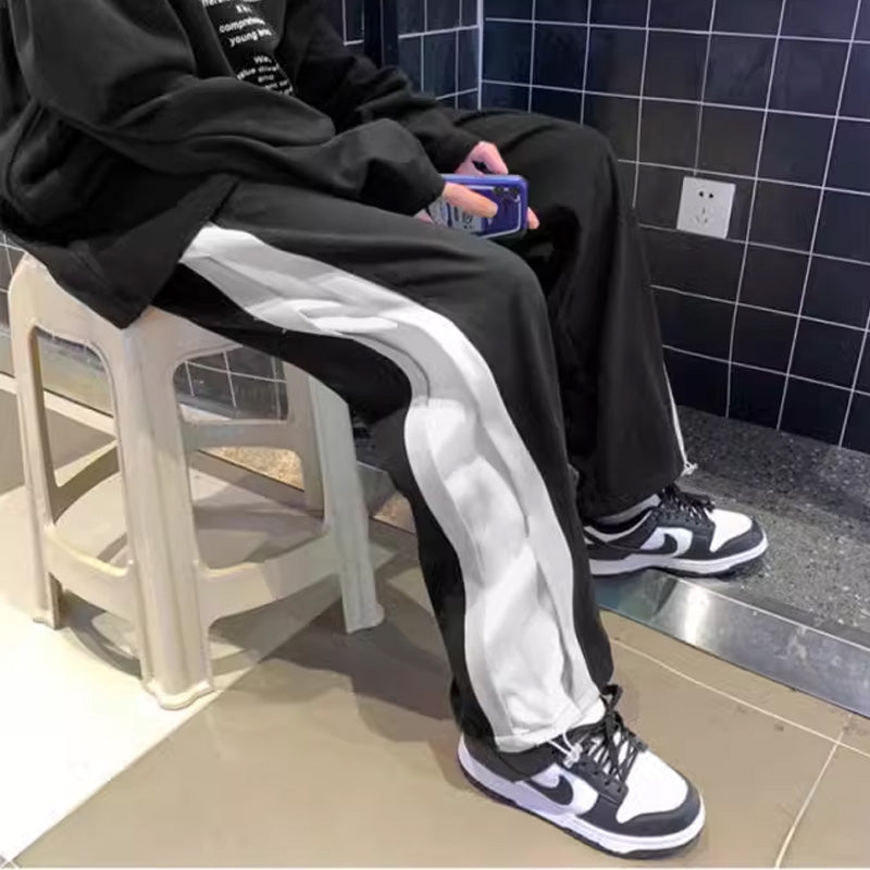 原宿系無地ストレートダンス衣装バイカラーボタンデニムHIPHOPピンクロングワイドパンツヒップホップ個性的奇抜大きいサイズハイウエス
