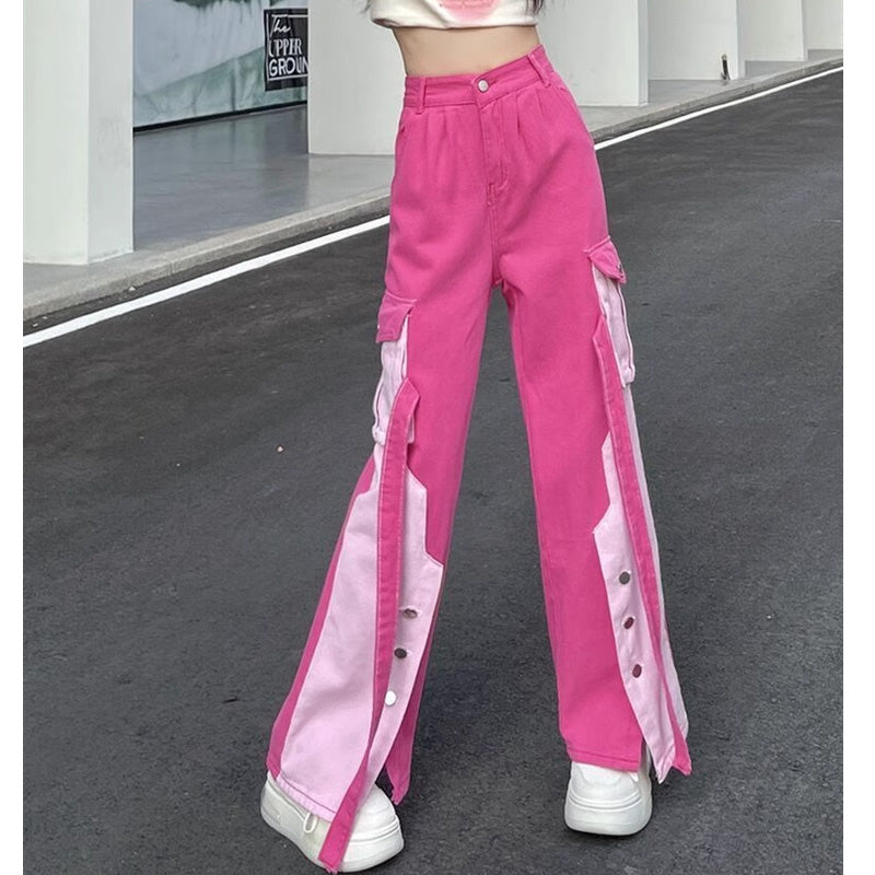 原宿系ストレートダンス衣装バイカラーボタンデニムHIPHOPピンクロングワイドパンツヒップホップレディース