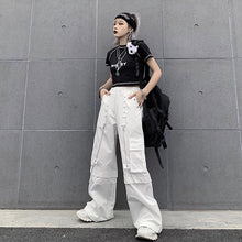 画像をギャラリービューアに読み込む, 無地ストレートダンス衣装バイカラーボタンデニムHIPHOPロングワイドパンツヒップホップ個性的奇抜大きいサイズハイウエス
