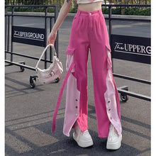 画像をギャラリービューアに読み込む, 原宿系ストレートダンス衣装バイカラーボタンデニムHIPHOPピンクロングワイドパンツヒップホップレディース

