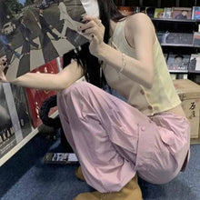 画像をギャラリービューアに読み込む, ピンクカジュアルパンツ女性の夏の薄いセクションハイウエストパンツルーズオーバーオール

