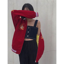 画像をギャラリービューアに読み込む, 刺繍　ライン　アウター　スタジャン　スカジャン　ジャケット　ベースボール　ダンス　衣装　ヒップホップ　HIPHOP　レディース　メンズ　ガールズ　ストリート　黒　ブラック　赤　レッド　龍　ドラゴン　ベロア　奇抜　派手　個性的　スケーター　大きいサイズ
