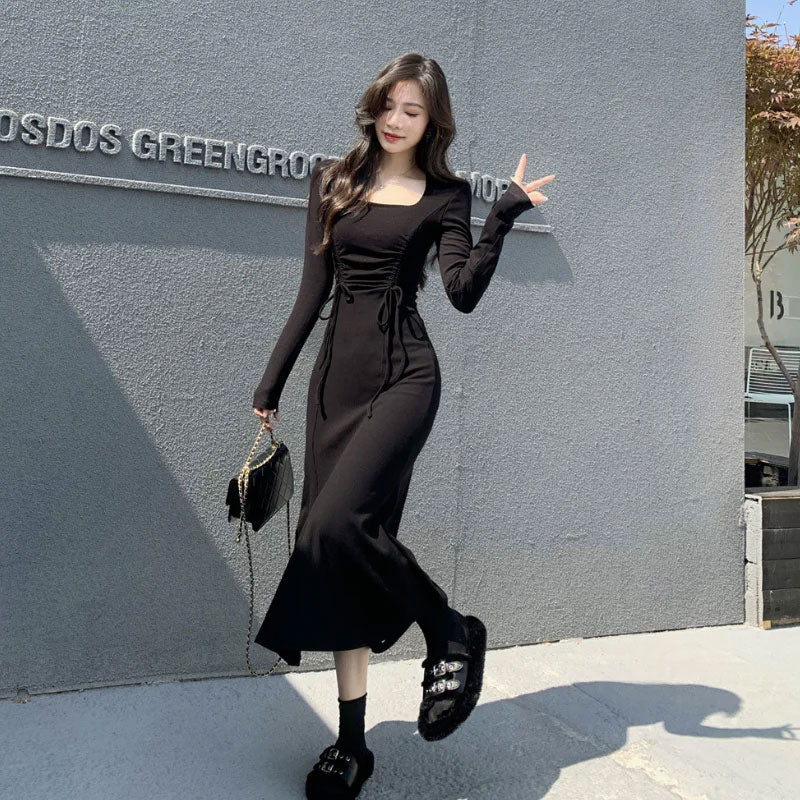 韓国ファッション女っぽワンピース ロング丈 ジュアル フェミニンウエストフレンチフィッシュテールスカート
