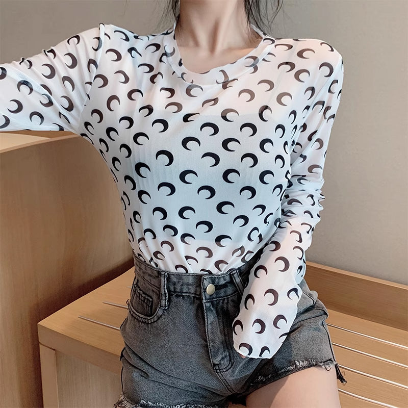 月柄トップス長袖カットソー薄手透け感Tシャツインナーダンス衣装ヒップホップHIPHOPレディースストリート個性的スター韓国おしゃれ総柄