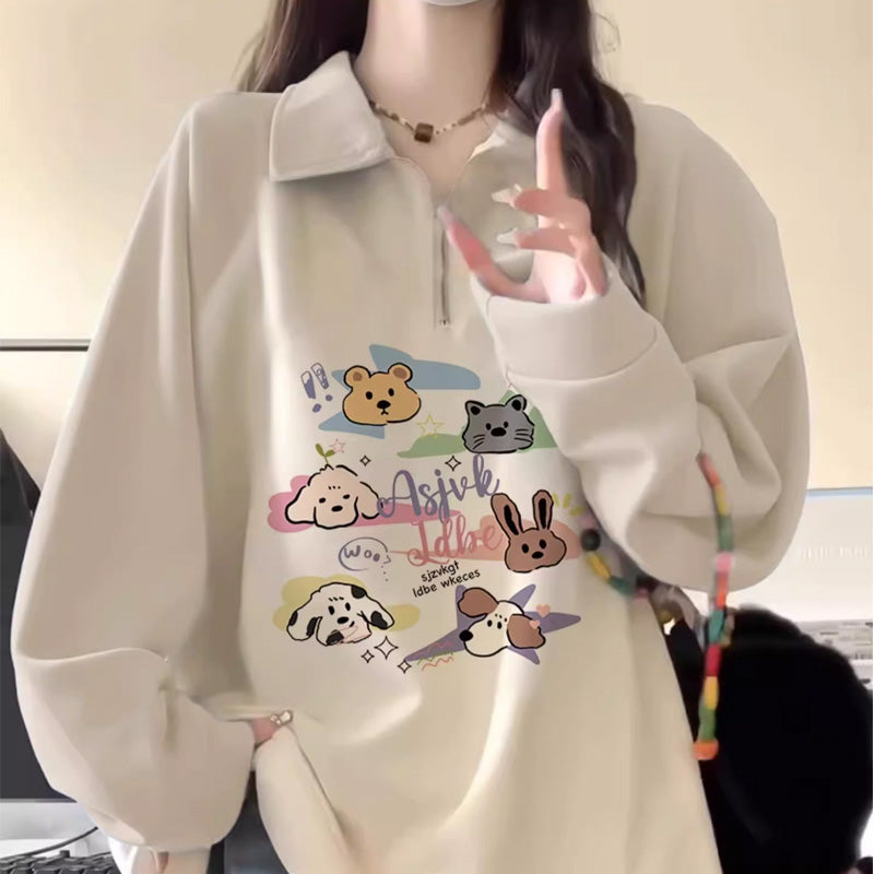 レトロカレッジラペル犬パーカーゆったりとした長袖かわいい漫画トップス原宿系ダンス洋服