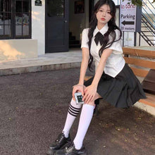 画像をギャラリービューアに読み込む, ファッションシックなプリーツウエストリボンシャツ女性の夏の半袖シャツ新しいカレッジスタイルスリムスリムトップ
