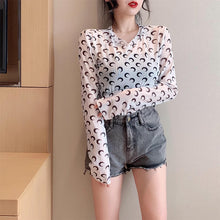 画像をギャラリービューアに読み込む, 月柄トップス長袖カットソー薄手透け感Tシャツインナーダンス衣装ヒップホップHIPHOPレディースストリート個性的スター韓国おしゃれ総柄
