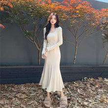 画像をギャラリービューアに読み込む, 韓国ファッション女っぽワンピース ロング丈 ジュアル フェミニンウエストフレンチフィッシュテールスカート
