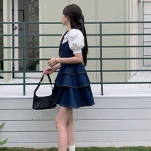 画像をギャラリービューアに読み込む, サマーシャツ サスペンダー デニムスカート 2点セットパフスリーブ ブラウス キャミソール デニム ジャンパースカート セットアップ 半袖
