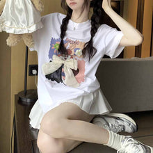 画像をギャラリービューアに読み込む, 半袖プリント Tシャツ立体弓半袖 Tシャツルーズ新しいカジュアルトップスイントレンディなラウンドネック漫画プリントトップス
