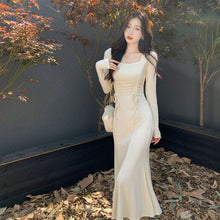 画像をギャラリービューアに読み込む, 韓国ファッション女っぽワンピース ロング丈 ジュアル フェミニンウエストフレンチフィッシュテールスカート
