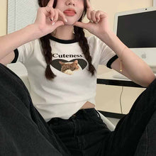 画像をギャラリービューアに読み込む, 古着半袖Tシャツ猫柄カジュアル ラウンドネックトップス
