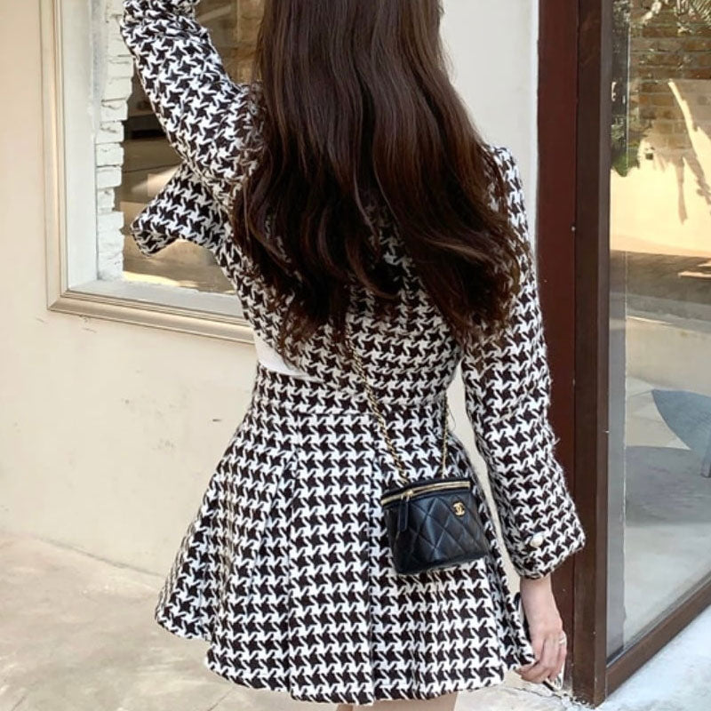 韓国デザイン♡大人女子♪千鳥チェック♡ジャケット スカート オシャレ こなれ感 韓国っぽ 大人女子千鳥チェック セットアップ 2点セット