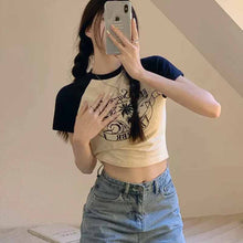 画像をギャラリービューアに読み込む, 韓国っぽカジュアルショート丈半袖Tシャツトップス原宿系スリムシャツ
