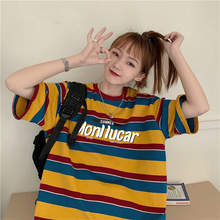 画像をギャラリービューアに読み込む, 韓国 ストライプ ゆったり 半袖 Tシャツ 学生カジュアル
