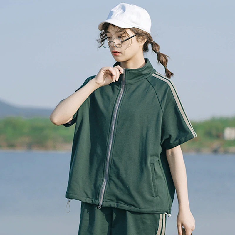 セットアップ スポーティー 半袖 ハーフジップ ハーフパンツ 2色 セットアップ メンズ 春夏 夏服 ナイロン 半袖 ハーフパンツ