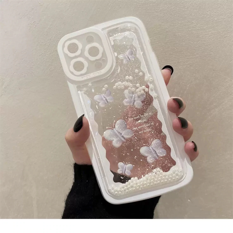 韓国っぽバタフライ柄液体ケース iphoneケーススマホ ケースiphone13ケース  iphone14ケース