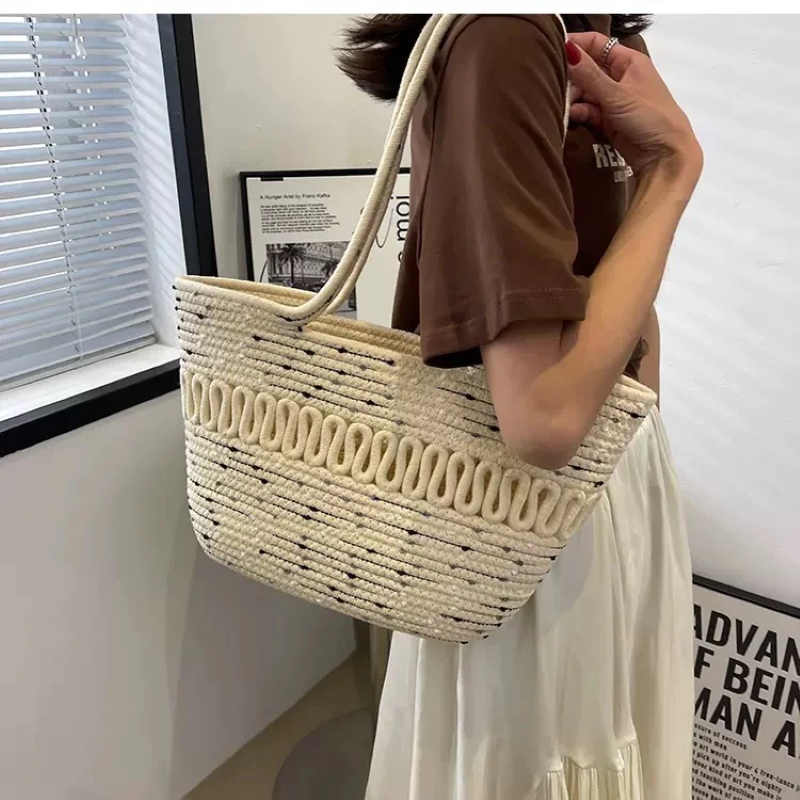 夏っぽコーデにピッタリたくさん入る バスケットバッグ 切り替えデザイン カゴバッグ カバン トートバッグ レトロっぽ カラバリ