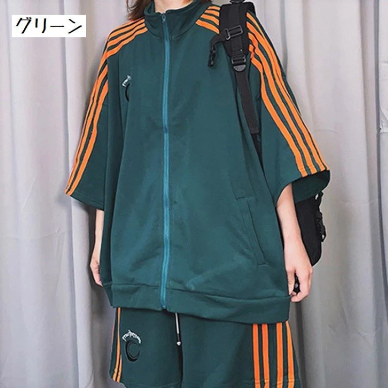 ダボかわ ストリート 2点セット ジャージ サイドライン 半袖 ハーフパンツ 刺繍ロゴ ゆるダボ メンズライク スポーティー