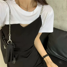 画像をギャラリービューアに読み込む, 旬顔コリヨジャ ワンピ オープンデザイン フェイクツーピースワンピ ドッキング シルバー ミニワンピ ミニ丈 カジュアル 韓国っぽ
