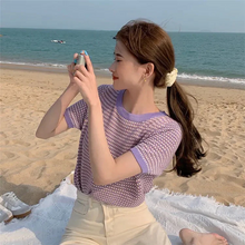 画像をギャラリービューアに読み込む, 韓国っぱ チェック柄半袖ニットシャツカジュアルトップスレデイーズ

