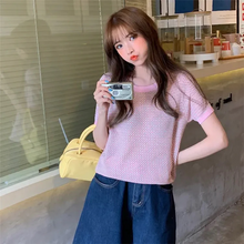 画像をギャラリービューアに読み込む, 韓国っぱ チェック柄半袖ニットシャツカジュアルトップスレデイーズ
