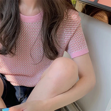 画像をギャラリービューアに読み込む, 韓国っぱ チェック柄半袖ニットシャツカジュアルトップスレデイーズ
