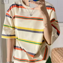 画像をギャラリービューアに読み込む, レインボーストライプ柄Tシャツカジュアル 半袖 シャツ
