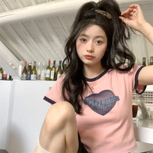 画像をギャラリービューアに読み込む, 甘色Tシャツで 夏の着こなしプリント リンガーTシャツ Y2K カジュアル 半袖 クロップド丈 ハート ピンク ホワイト ストリート 韓国っぽ スポーティー
