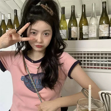 画像をギャラリービューアに読み込む, 甘色Tシャツで 夏の着こなしプリント リンガーTシャツ Y2K カジュアル 半袖 クロップド丈 ハート ピンク ホワイト ストリート 韓国っぽ スポーティー
