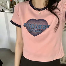 画像をギャラリービューアに読み込む, 甘色Tシャツで 夏の着こなしプリント リンガーTシャツ Y2K カジュアル 半袖 クロップド丈 ハート ピンク ホワイト ストリート 韓国っぽ スポーティー
