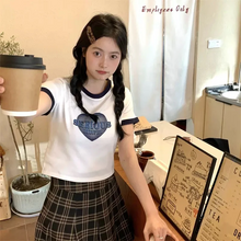 画像をギャラリービューアに読み込む, 甘色Tシャツで 夏の着こなしプリント リンガーTシャツ Y2K カジュアル 半袖 クロップド丈 ハート ピンク ホワイト ストリート 韓国っぽ スポーティー
