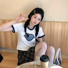 画像をギャラリービューアに読み込む, 甘色Tシャツで 夏の着こなしプリント リンガーTシャツ Y2K カジュアル 半袖 クロップド丈 ハート ピンク ホワイト ストリート 韓国っぽ スポーティー
