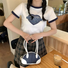画像をギャラリービューアに読み込む, 甘色Tシャツで 夏の着こなしプリント リンガーTシャツ Y2K カジュアル 半袖 クロップド丈 ハート ピンク ホワイト ストリート 韓国っぽ スポーティー
