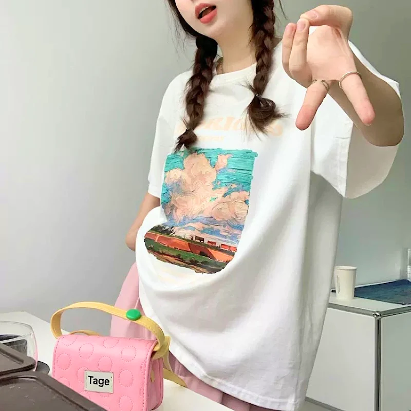 カジュアルラウンドネック油絵風デザイン大きい半袖Tシャツ
