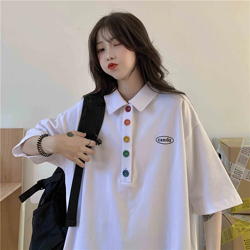 カラフルボタンが可愛いビッグサイズ オーバーサイズ ポロシャツ Tシャツ トップス
