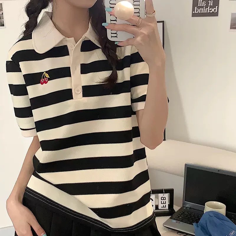 韓国系ボーダー柄フルーツチェリー柄ポロシャツ 半袖Tシャツレデイーズ