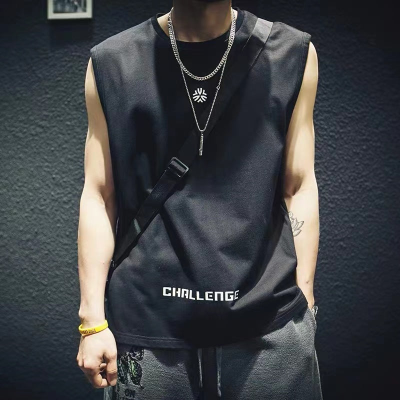 ラウンドネック 配色 ノースリーブメンズファッションTシャツ
