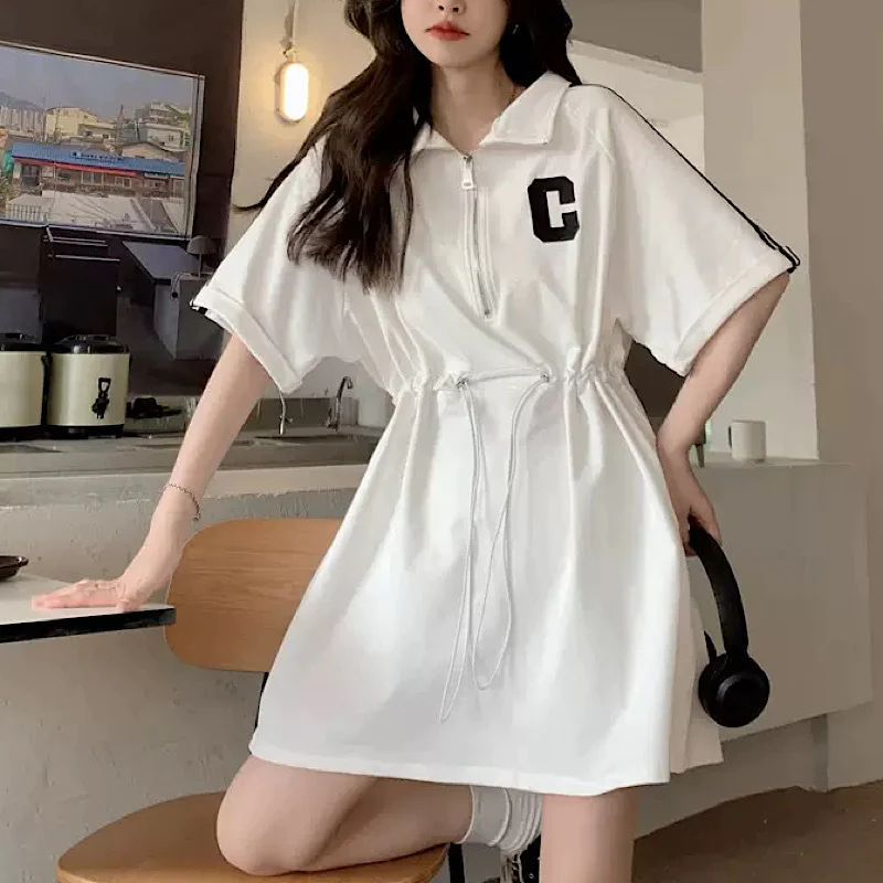 カジュアル ジッパー 半袖 Tシャツ ワンピース スリムウエスト カジュアルワンピース