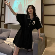 画像をギャラリービューアに読み込む, カジュアル ジッパー 半袖 Tシャツ ワンピース スリムウエスト カジュアルワンピース
