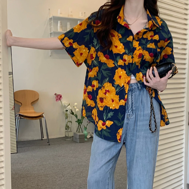 柄バリ豊富 ヴィンテージ感UP フラワーシャツ 柄 シャツ 花柄 半袖 オーバーサイズ ドロップショルダー 古着ライク メンズライク ストリート リゾート アロハ