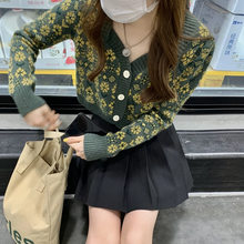 画像をギャラリービューアに読み込む, 韓国っぽ レトロデザイン花柄 クロップド ニットカーディガン ショート丈 ボレロ お出掛け デート
