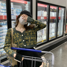 画像をギャラリービューアに読み込む, 韓国っぽ レトロデザイン花柄 クロップド ニットカーディガン ショート丈 ボレロ お出掛け デート
