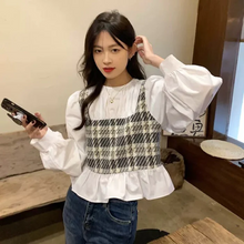 画像をギャラリービューアに読み込む, 韓国スタイル ステッチ フェイク ツーピース ロング スリーブ シャツ フレンチ ロング スリーブ トップ
