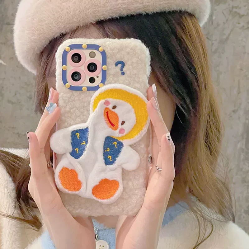 レトロダック絵文字電話ケース 快適なプラッシュ iPhone ケース