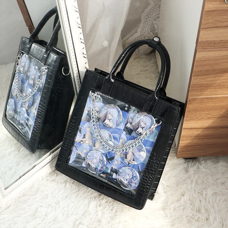 ショルダーバッグ ハンドバッグ 透明ポケット フェイクレザー PU 大容量 スクエアバッグ