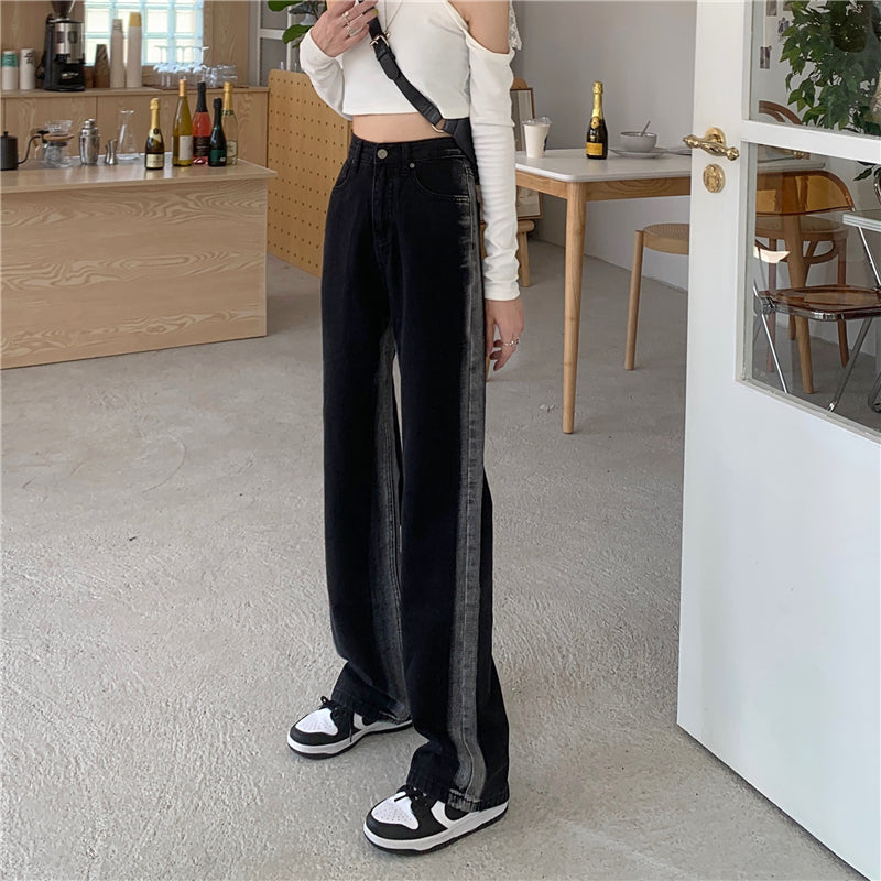 ハイウエスト 切り替えデニムパンツレデイーズ原宿風